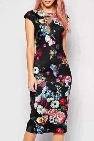 RoseGal Round Collar Short Sleeves Floral Print Dress
