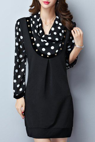 RoseGal Cowl Neck Long Sleeve Polka Dot Plus Size Dress