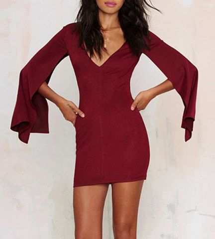 RoseGal Plunging Neck Long Sleeve Solid Color Bodycon Dress