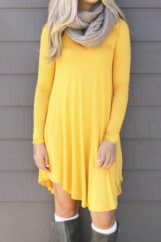 RoseGal Scoop Collar Long Sleeve Solid Color Loose Fitting Dress
