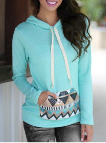 RoseGal Candy Color Hooded Geometric Print Spliced Pullover Hoodie
