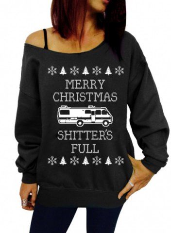 RoseGal Skew Neck Long Sleeve Letter Pattern Christmas Sweatshirt