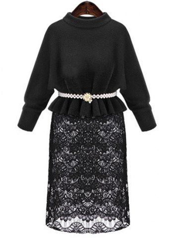 RoseGal Stand Collar Belted Lace Spliced Black Plus Size Dress