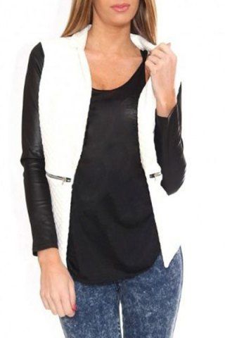 RoseGal Turn Down Collar Long Sleeve Slimming PU Leather Spliced Jacket
