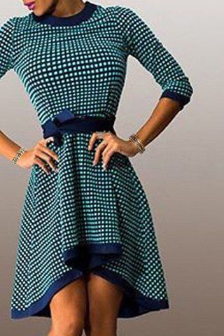 RoseGal Round Collar 3 4 Sleeve Plaid Printed Belted Asymmetric Dress