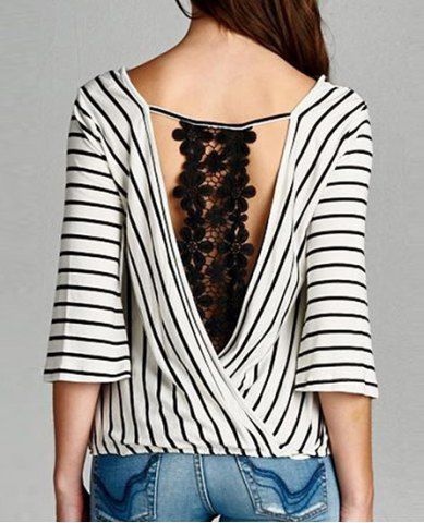 RoseGal V Neck 3 4 Sleeve Striped Hollow Out Blouse