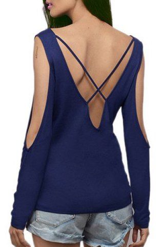 RoseGal Solid Color Backless Criss Cross Cut Out Long Sleeve T Shirt