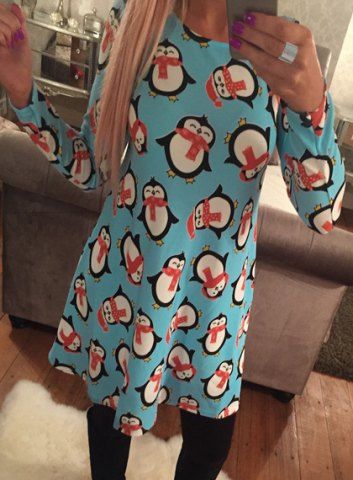 RoseGal Jewel Neck Long Sleeve Christmas Penguin Print Dress For Women
