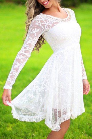Romantic Beaded Scoop Neck High Waist Ruffled White Lace Dress For Women