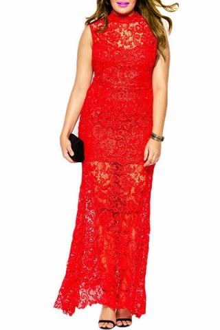 RoseGal Stand Collar Sleeveless Hollow Out Bodycon Red Maxi Lace Dress