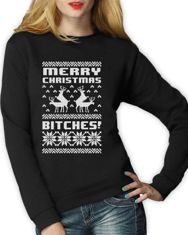 RoseGal Snowflake and Letter Printed Round Collar Christmas Sweatshirt
