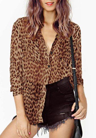 RoseGal Leopard Printed Long Sleeve Chiffon Asymmetric Shirt