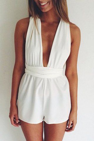 RoseGal Sleeveless Plunging Neck Pure Color Romper