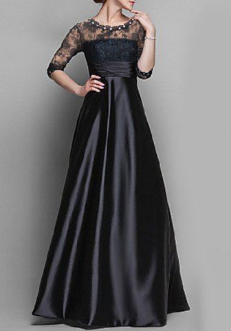 RoseGal 3 4 Sleeve Beaded Lace Spliced Faux Leather Pleated Prom Dress