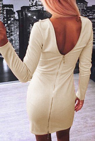 RoseGal Solid Color Round Collar Long Sleeve Bodycon Backless Dress