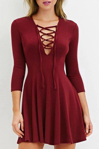 RoseGal Hollow Out 3 4 Sleeve Lace Up Pure Color Dress