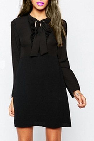 RoseGal Black Bow Collar Long Sleeve Chiffon Mini Dress