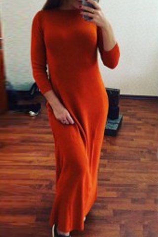 RoseGal Round Neck 3 4 Sleeve Solid Color Maxi Dress