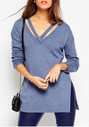 RoseGal V Neck Long Sleeve Slit Solid Color Sweater For Women