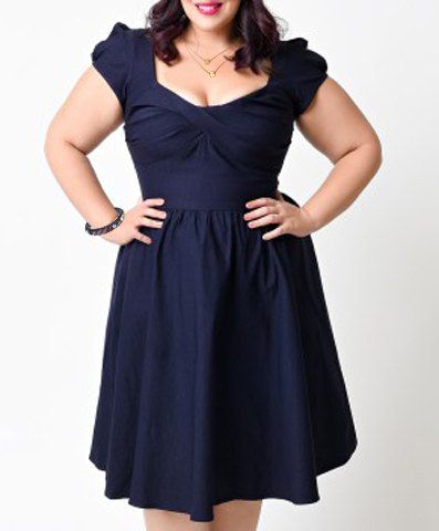 RoseGal Sweetheart Neck Cap Sleeve Solid Color Plus Size Dress