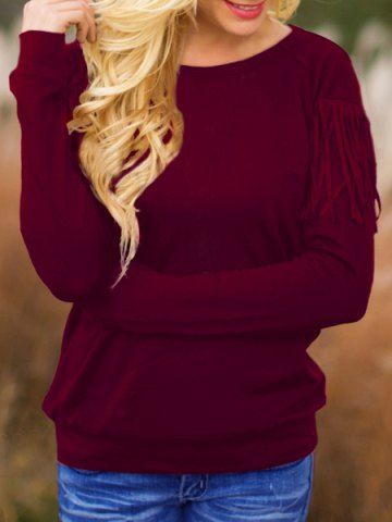RoseGal Long Sleeve Jewel Neck Solid Color Fringed Sweatshirt