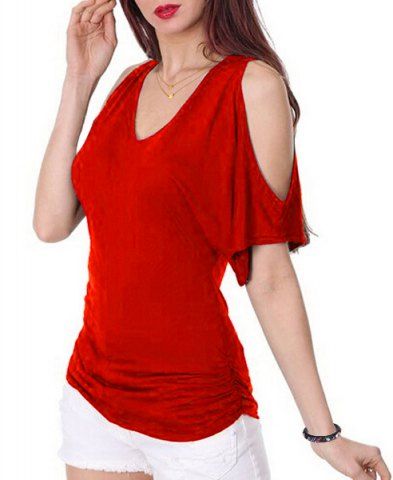 RoseGal V Neck Half Sleeve Solid Color Hollow Out T Shirt