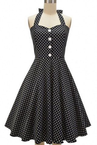 RoseGal Polka Dot Printed Halter Pleated Ball Gown Dress