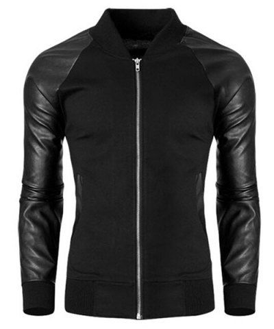 RoseGal Trendy Stand Collar PU Leather Splicing Rib Hem Men s Long Sleeves Jacket