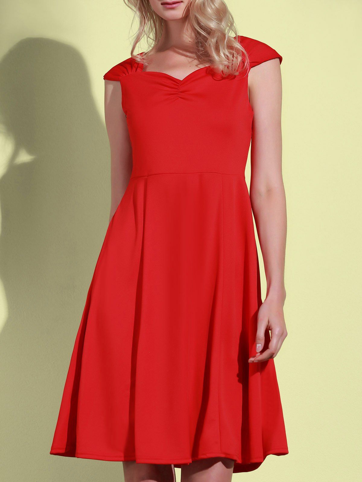 Red Retro Sweetheart Neck Solid Color Sleeveless Dress For ...

