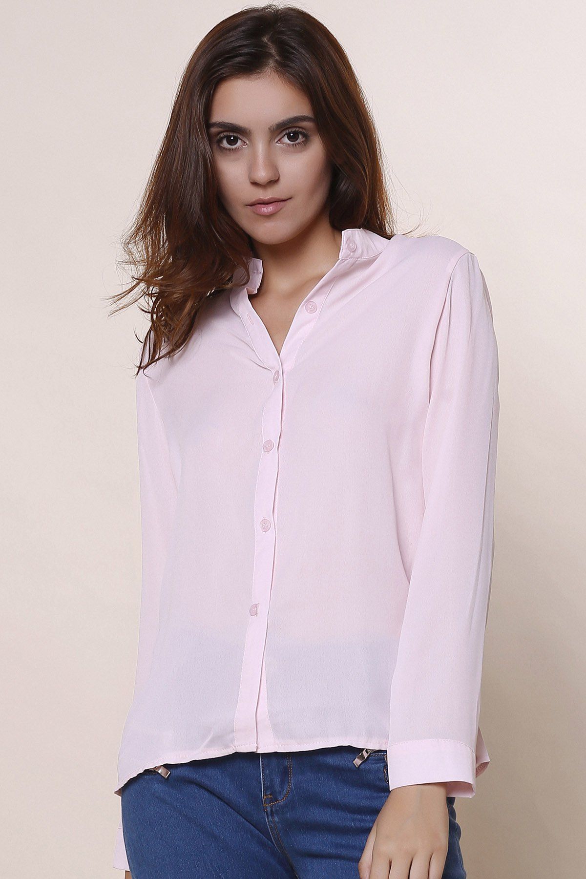 Pink Plain Long Sleeves Blouse | RoseGal.com
