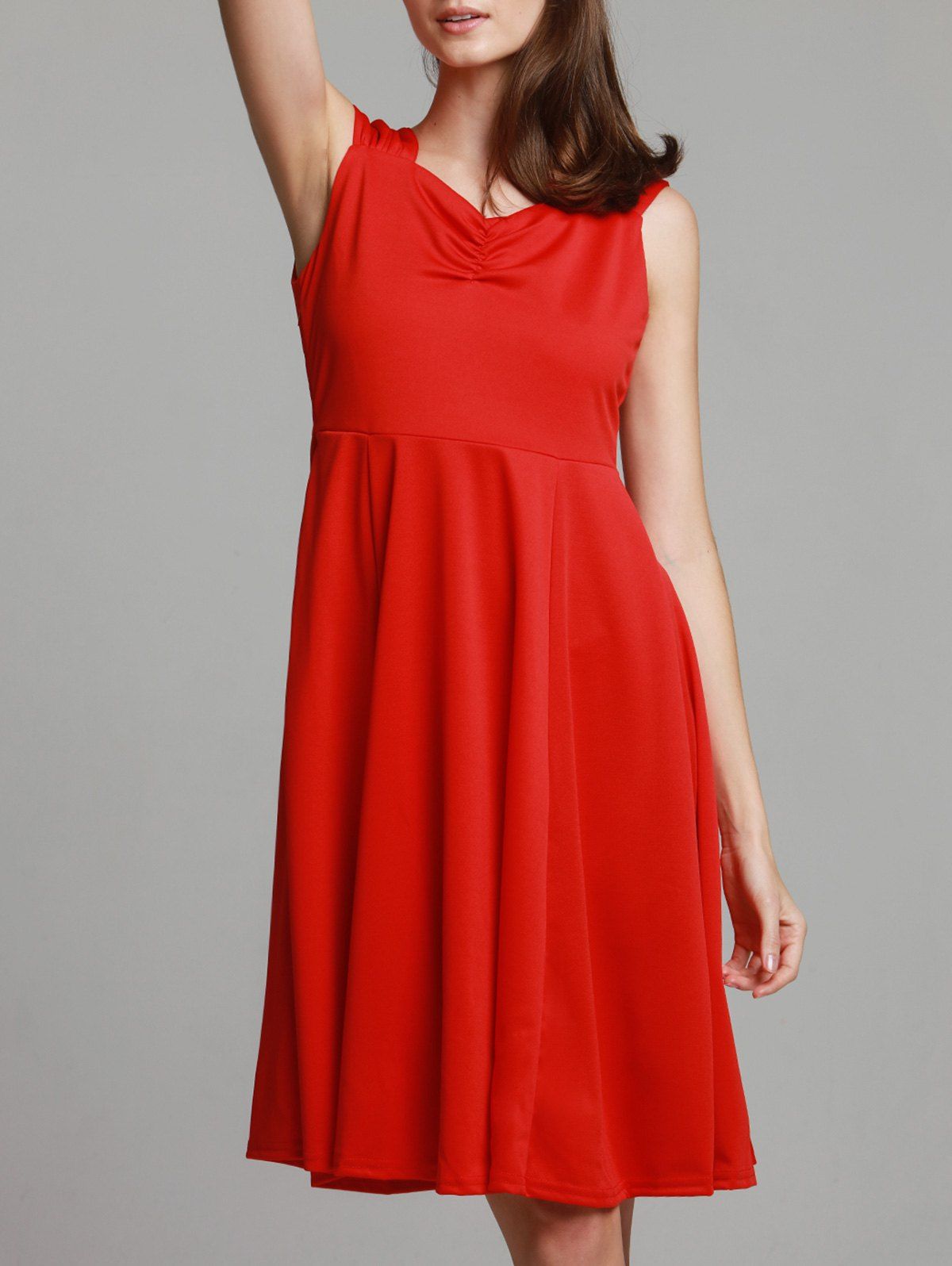 Red Retro Style Sweetheart Neck Solid Color Sleeveless ...
