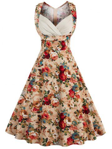 Retro Style High-Waisted Floral Print Women's Dress - KHAKI M