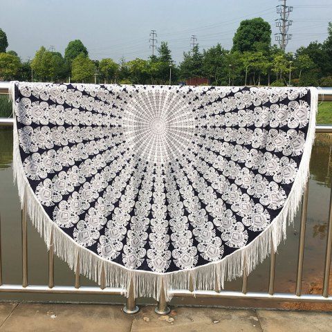 Mandala Printed Tasseled Tablecloth Round Beach Throw - WHITE/BLACK 