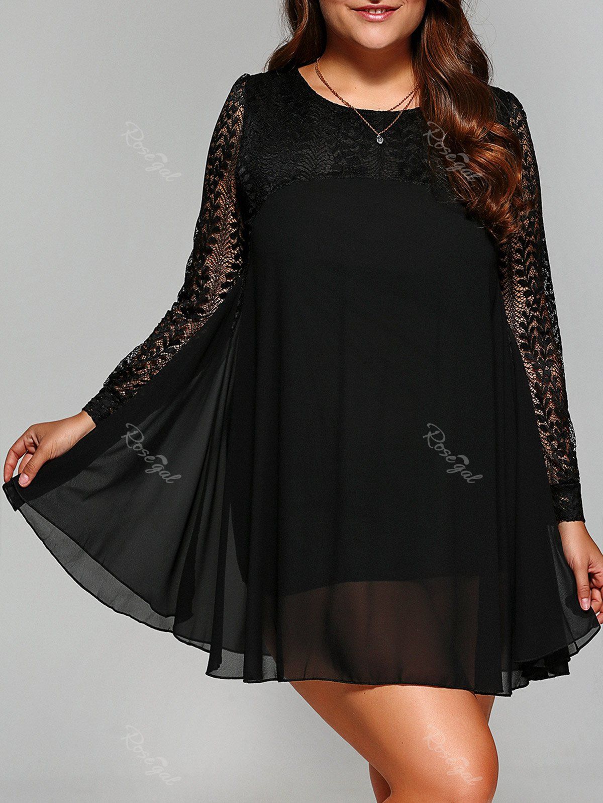 Black Plus Size Lace Splicing Chiffon Dress | RoseGal.com

