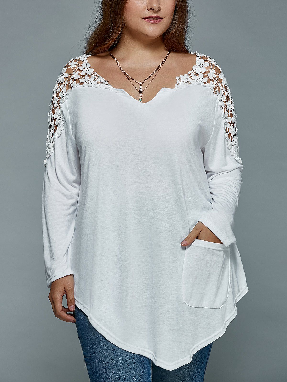 White Plus Size Lace Spliced Asymmetric T-shirt | RoseGal.com

