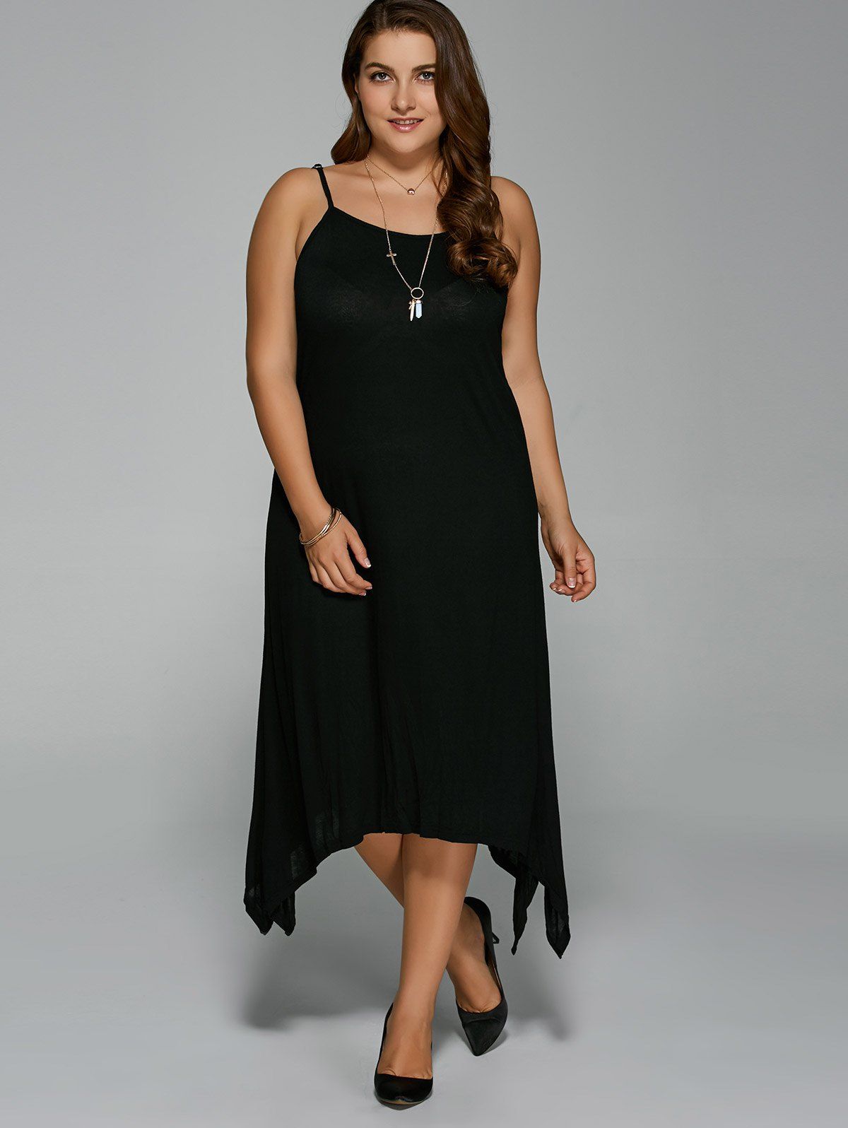 Black Plus Size Asymmetric Hem Spaghetti Strap Dress ...

