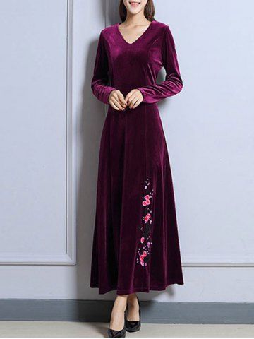 V Neck Plum Blossom Pattern Velvet Maxi Dress - Purplish Red