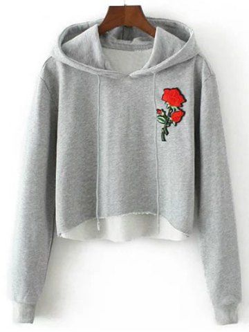 Hooded Rose Embroidered Cropped Hoodie - GRAY S