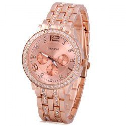 GENEVA Quartz Watch with Diamonds Round Dial and Steel Watch Band for Women