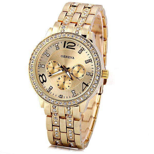 GENEVA Quartz Watch with Diamonds Round Dial and Steel Watch Band for Women
