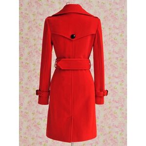 Red S Vintage Turn-down Collar Double Breasted Solid Color Wool Coat