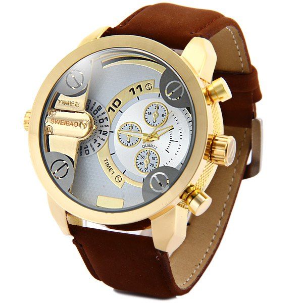 Shiweibao A3132 Dual Movt Male Quartz Watch Leather Strap Round Dial