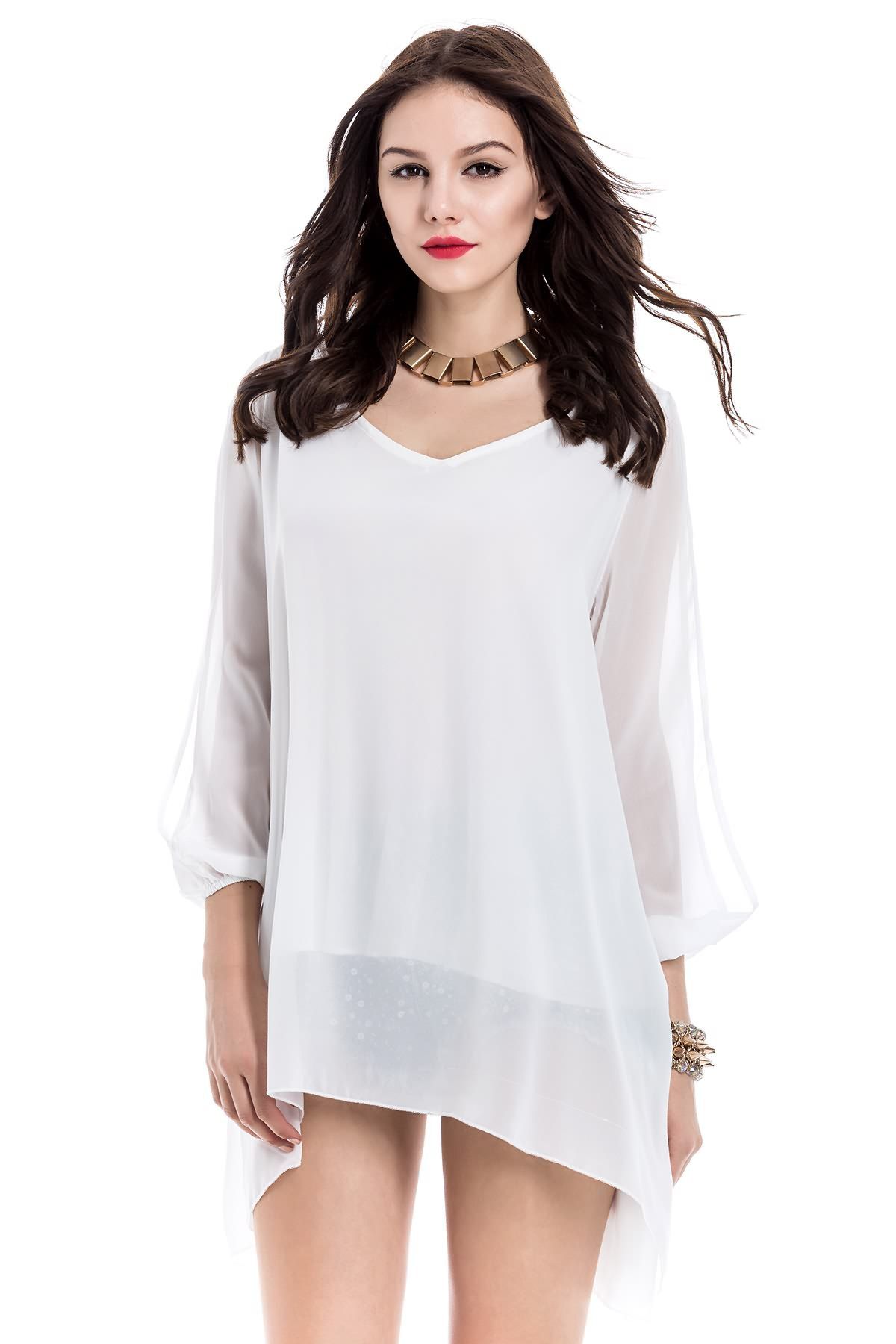 White Xl Loose-fitting Chiffon Beach Dress | RoseGal.com
