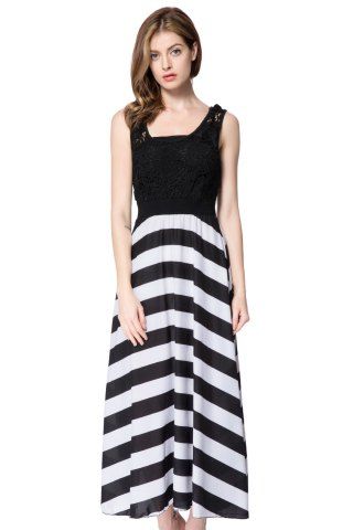Striped Sleeveless Scoop Neck Floor-Length Women's Dress - WHITE/BLACK XL