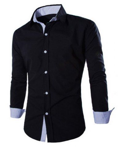 Black Fashion Shirt Collar Fitted Two Color Splicing Long Sleeve ...