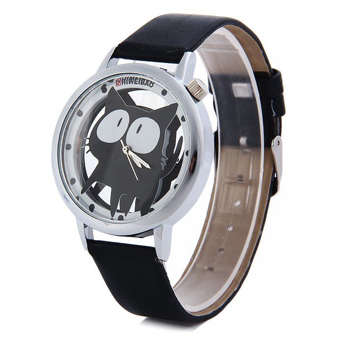 Shiweibao A7741 Cat Design Transparent Dial Quartz Watch Leather Strap for Women