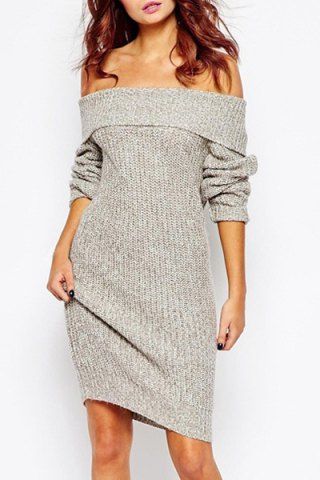 Sexy Low-Cut Off-The-Shoulder Solid Color Long Sleeve Sweater Dress For ...