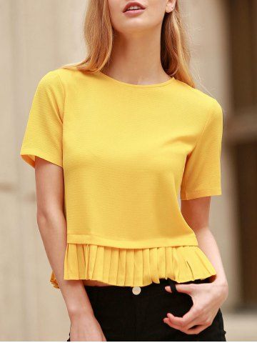 Fashionable Short Sleeve Pleated Hem Yellow Pullover T-Shirt For Women