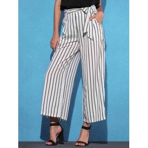 Striped Self Tie Palazzo Pants with Pockets - WHITE/BLACK S