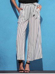 Striped Self Tie Palazzo Pants with Pockets - WHITE/BLACK S